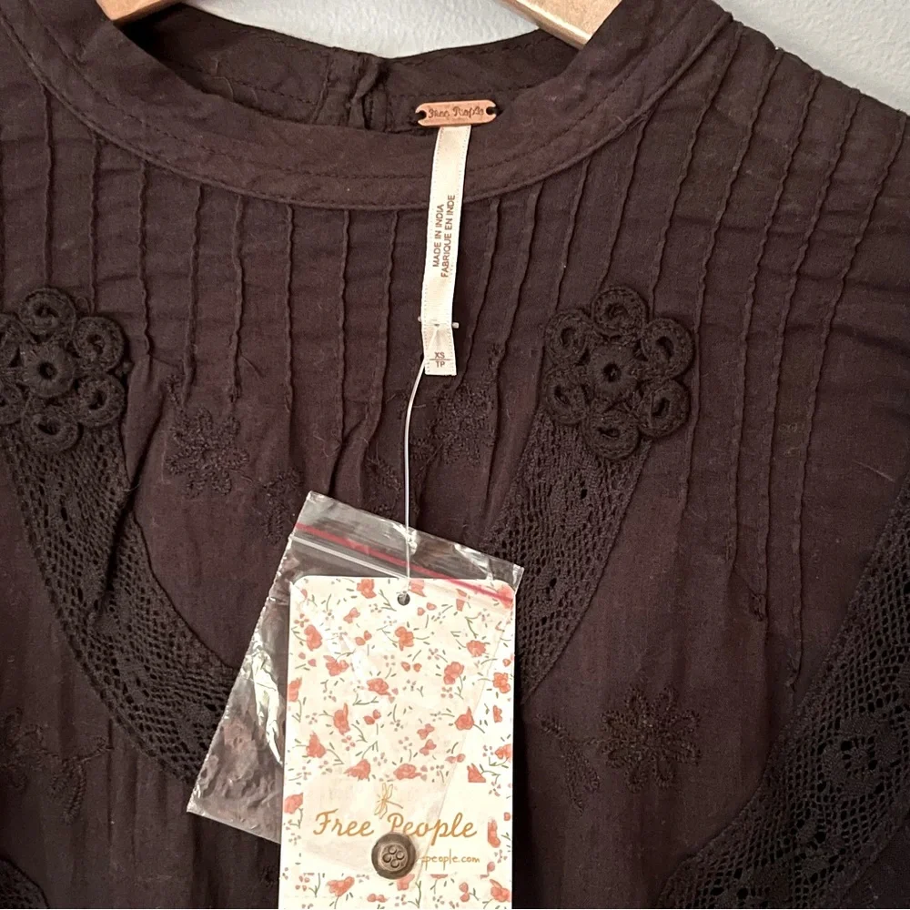 FREE PEOPLE Boho Femme Fatale Embroidered Long Sleeve Top - Anthracite